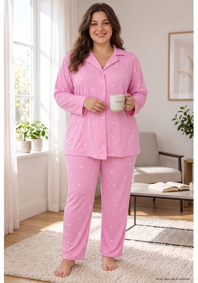 Seboteks Milan Kumaş Önden Düğmeli Uzun Kollu Büyük Beden Kadın Pijama Takımı 3499 Pembe