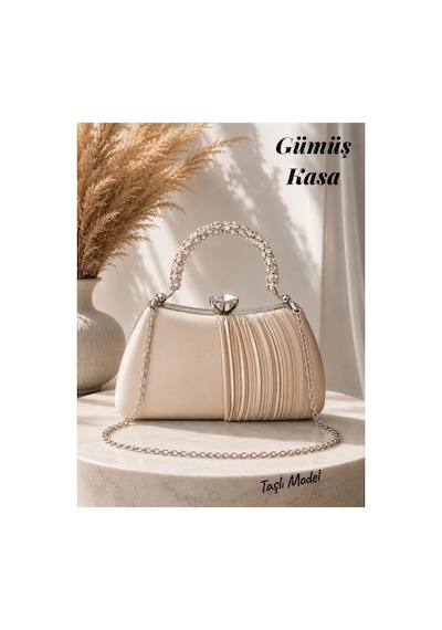 Famels Yarım Pilseli Ten Saten Taşlı Kulp Abiye Çanta Kol/el Çantası Gümüş Abiye Çanta Bej