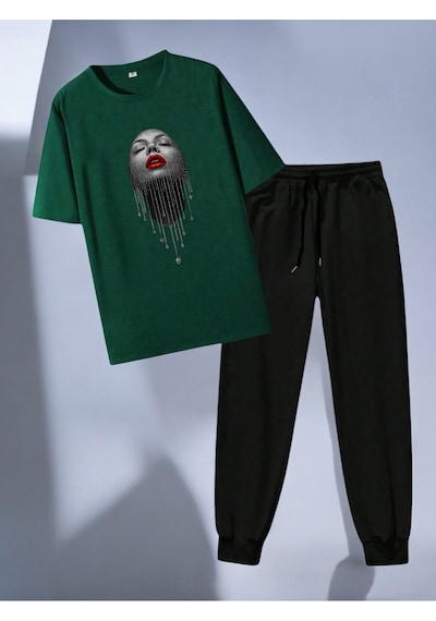 Uyguntarz Unisex Pırlantalı Kadın Portresi Tasarım Basklı Tshirt Eşofman Takımı Yeşil