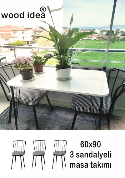 Masa Takımı 60x90 Beyaz 3 Sandalyeli Balkon Mutfak Masası