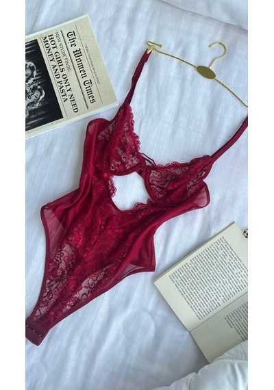 Suısy Velvet Flame Bordo Dantelli Pencereli Bodysuit