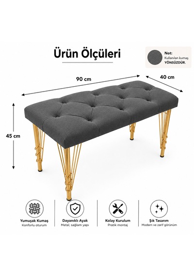 90cm Yeni Nesil Metal Gold Ayaklı Çok Amaçlı Puf Bench Antrasit