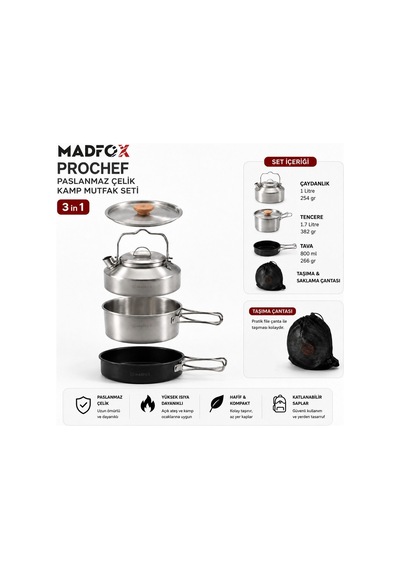 Madfox Prochef 3ın1 Paslanmaz Çelik Kamp Mutfak Seti Çok Renkli