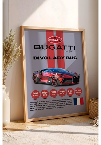 Bugatti Divo Lady Bug Araba Tablosu - Teknik Özellikli Otomobil Poster - Çerçeveli Duvar Dekoru Kayın