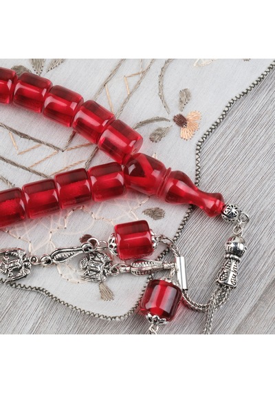 Ateş Kehribar Alpaka Püsküllü Kapsül Kesim 11x11mm Tesbih - Şeffaf Kırmızı