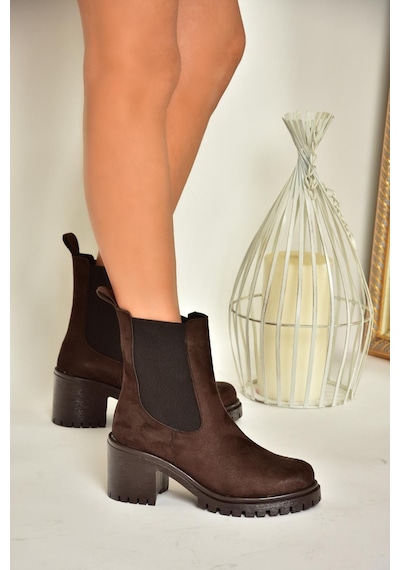 Fox Shoes T726981602 Kahverengi Süet Lastikli Kalın Topuklu Kadın Bot Kahverengi-süet Kahverengi