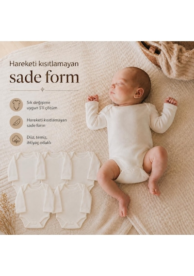Yenidoğan Bebek Body 5 Li Set, Unisex Ekru Organik Pamuk 0-3 Ay Body Çok Renkli