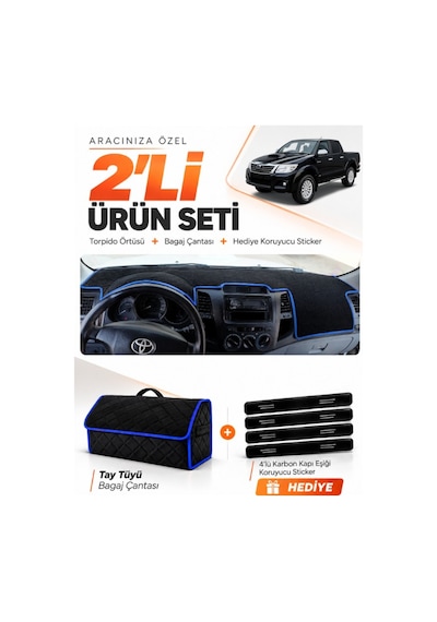 Toyota Hilux 2005-2014 Uyumlu Torpido Örtüsü + Tay Tüyü Bagaj Çantası + Sticker Seti - Siyah Mavi