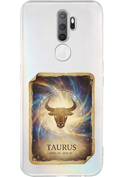Oppo A9 2020 İle Uyumlu Burç Kartları Boğa Tasarımlı Şeffaf Silikon Kılıf Şeffaf