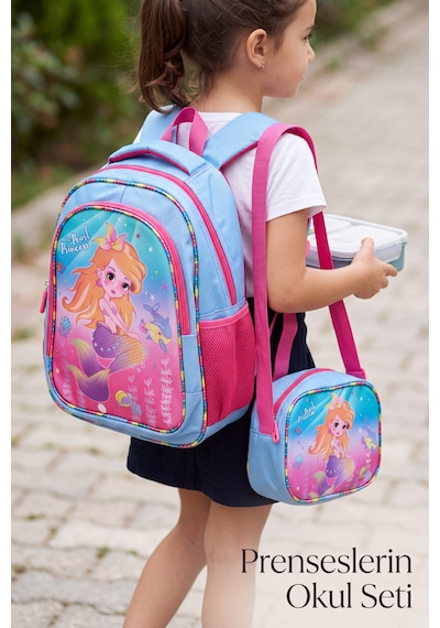 Mermaid Deniz Kızı Desenli Beslenme Çantalı İlkokul Ve Anaokulu Sırt Çantası Seti Ergonomik Çocu... Pembe