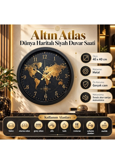 Altın Atlas Dünya Haritalı 40 X 40 Cm Siyah Metal Duvar Saati