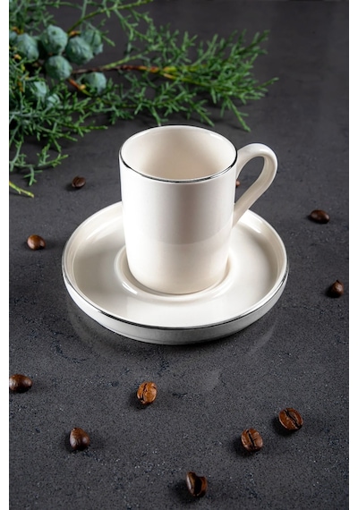 12 Parça 6 Kişilik Stackable Platin Gümüş Yaldızlı Kahve Fincan Takımı - Kahve Fincanı Seti 100ml Beyaz Gümüş