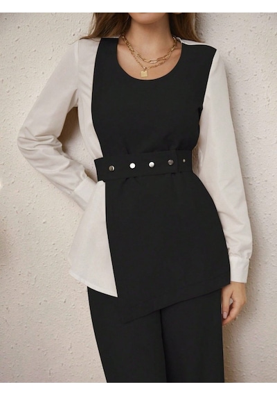 Moderie Butik Kadın Uzun Kollu Açık Yakalı Çift Renkli Kemerli Ithal Krep Ikili Takım Siyah Moderie Butik Kadın Uzun Kollu Açık Yakalı Çift Renkli Kemerli Ithal Krep Ikili Takım Siyah