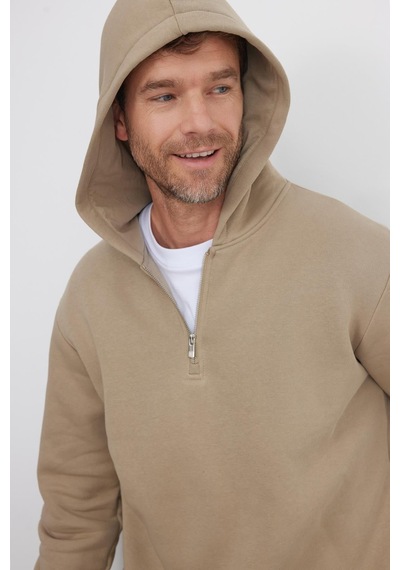 Tudors Unisex Relax Fit Rahat Kesim Pamuklu İçi Polarlı Yarım Fermuarlı Taş Renk Kapüşonlu Sweatshirt-37024 Gri
