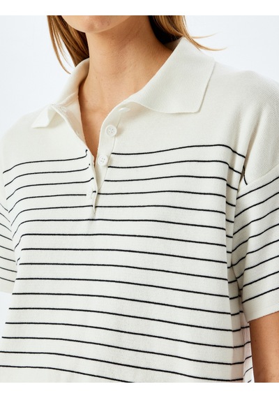 Koton Düğmeli Çizgili Oversize Polo Yaka İnce Triko Kazak Lacivert Çizgili 5sak90007ht 7s2 Çok Renkli
