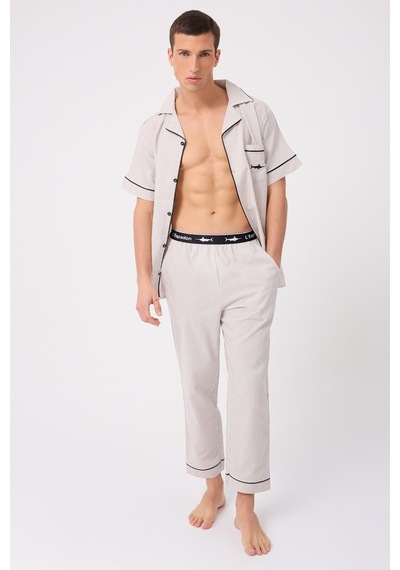 L'espadon Marısılk Seastrıpe Erkek Dokuma Yazlık Kısa Kollu Pantolonlu Pijama & Lounge Takımı-3193 Bej