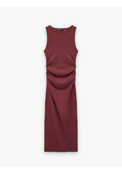 Koton Bürümcük Kumaş Drape Detaylı Bisiklet Yaka Uzun Kalem Elbise Bordo 6sak80205ek