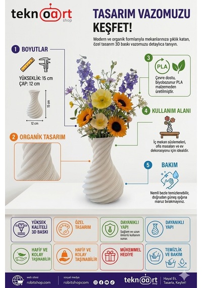 İskandinav Tarzı Spiral Plastik Vazo 18 Cm. Beyaz