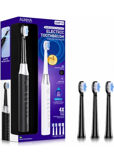 Auhma Amf13 Siyah Elektrikli Diş Fırçası Şarjlı 5 Mod Ipx7 Su Geçirmez 4 Başlıklı Yumuşak