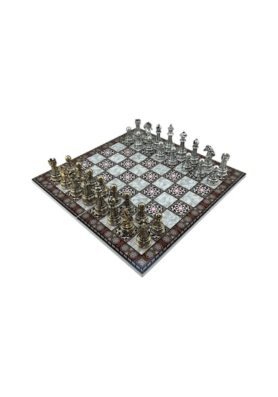 Gifthome Premium Battal Boy Metal İşlemeli Klasik Satranç Takımı Ve Katlanır Sedef Desenli Mdf Satranç Tahtası 43x43 Cm.