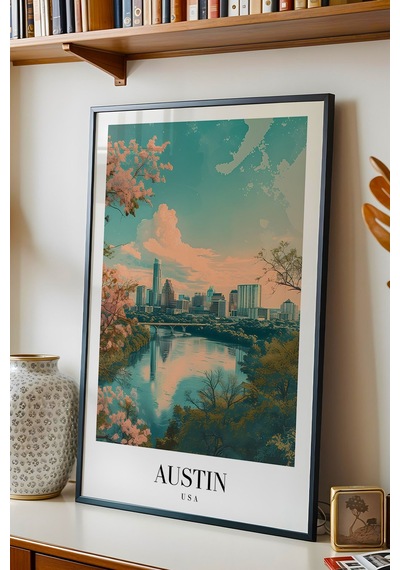 Austin Usa Vintage Seyahat Posteri Çerçeveli Tablo - Premium Şehir Manzaralı Elit Duvar Dekoru Siyah