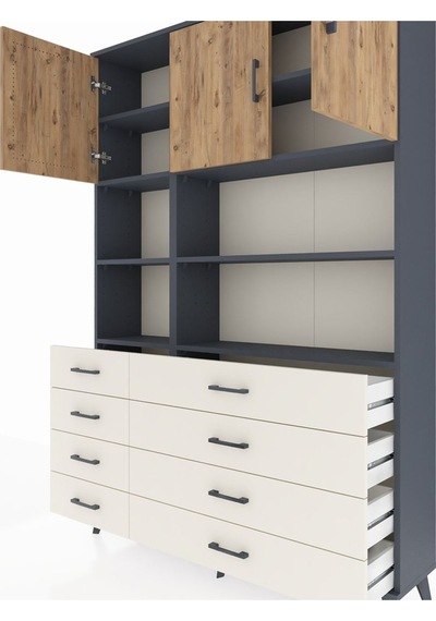 Arges Dolap 8 Raflı 8 Çekmeceli 3 Kapaklı 132x30x195 Antrasit... Antrasit