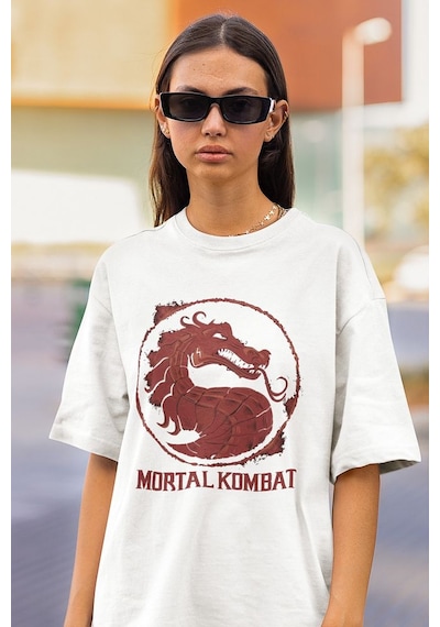 Mortal Kombat Baskılı Unisex Oversize Tişört Beyaz