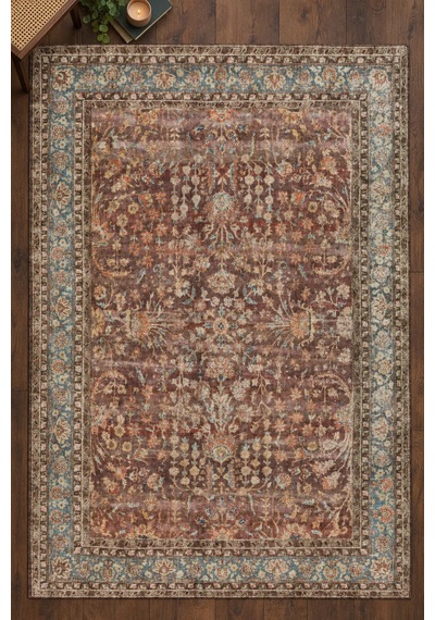 Artloop İstanbul Kahverengi Mavi Vintage Desenli Dokuma Tabanlı Şönil Halı Al 642 Kahverengi - Mavi Vintage Desenli