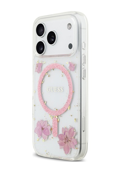 Apple Uyumlu iPhone 17 Pro Kılıf Guess Lisanslı M-safe Şarj Özellikli Transparan Resin Flowers Kapak Pembe Pembe