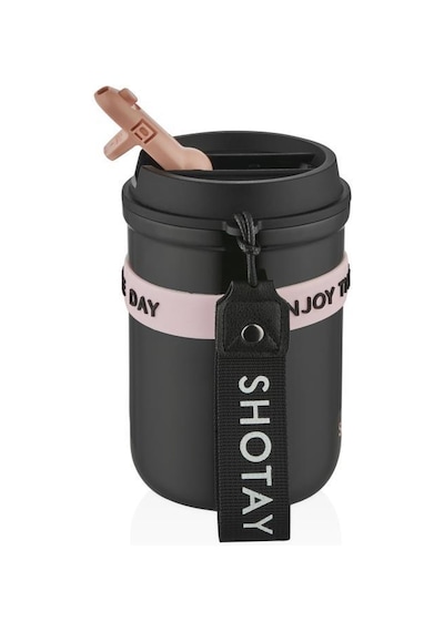 Shotay Strow Çelik Termos Mug 410ml Siyah Siyah
