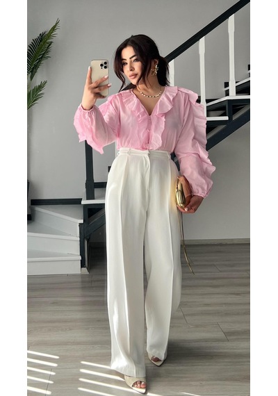 Orijinal Marka Pembe Fırfırlı Gömlek Pembe