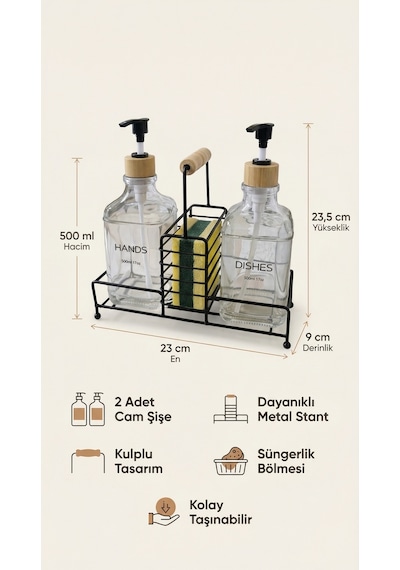 Makri Home Lüks Bambu Kulplu Siyah Metal Stantlı İkili Cam Sıvı Sabunluk 500 Ml, 23x9x23,5 Cm