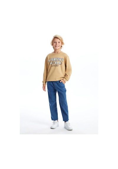 LC Waikiki Lcw Bisiklet Yaka Baskılı Uzun Kollu Erkek Çocuk Sweatshirt Bej