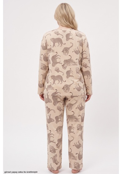 Siyah İnci Baskılı Büyük Beden Battal Boy Örme Pijama Takım 8089 Ten Leopar