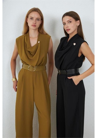 Neşeli Butik Kadın Yeşil Degaje Yaka Kemerli Kolsuz Geniş Paça Tulum Nbmy4030