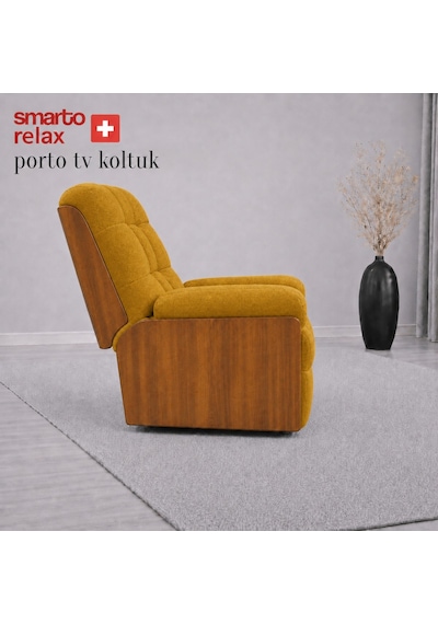 Smarto Relax Porto Tv Koltuğu Ahşap Yan Panelli Döner Ve Elektrikli Döner Sallanan Kontrollü Nefes Alabilir Kumaş Baba Koltuğu Sarı