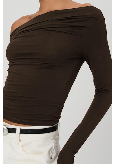 Seeh Kahverengi Kayık Yaka Büzgülü Kadın Body Sh225