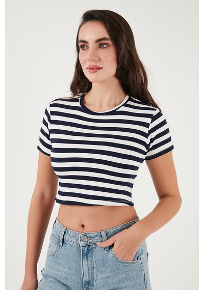 Lela Slim Fit Bisiklet Yaka Çizgili Crop Bayan T Shirt 5866110 Lacivert