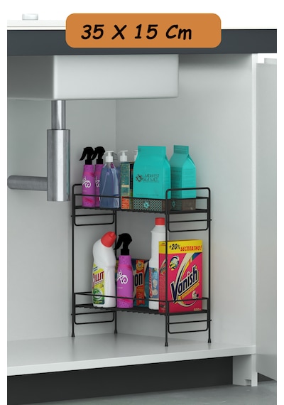 2 Katlı Evye Tezgah Altı Raf Banyo Mutfak Dolabı Çok Amaçlı Düzenleyici Deterjanlık Organizer 35x15 Siyah