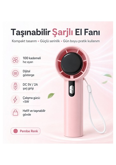 100 Kademeli Hız Ayarlı Şarjlı El Fanı Dijital Göstergeli Taşınabilir Mini Vantilatör Pembe