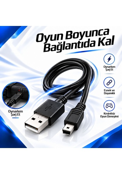 Ps3 Dualshock Şarj Kablosu 1.5 Metre Mini Usb 5 Pin Playstation 3 Oyun Kolu Şarj Data Kablosu
