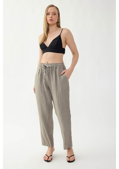 Vitrin %100 Keten Beli Lastikli Cepli Geniş Paça Pantolon Vizon