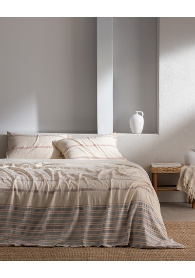 Madame Coco Breville Tek Kişilik Müslin İpliği Boyalı Lastikli Nevresim Takımı - Ekru/lacivert 8684427207475 Çok Renkli