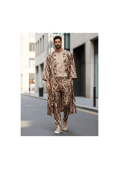 Qmen Style Erkek Kimono Takımı Leopar Desen 3 Lü Viskon Set Bornoz + Pantolon + Şort Bej