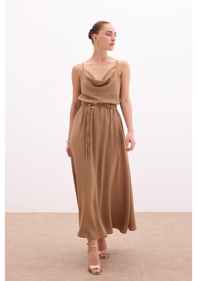 Sateen Kemerli Uzun Etek - Haki Vizon