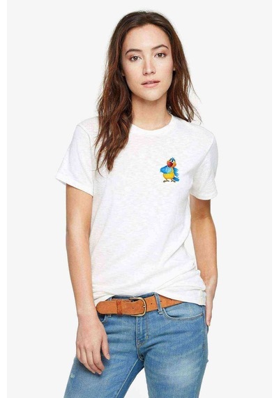 Papağan Mavi Sarı Baskılı Beyaz Kadın Tshirt