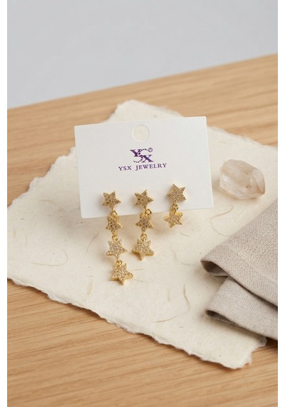 Pirinç Gold Renk Zirkon Taşlı Sallantılı Yıldız Model Kadın Küpe Seti Altın