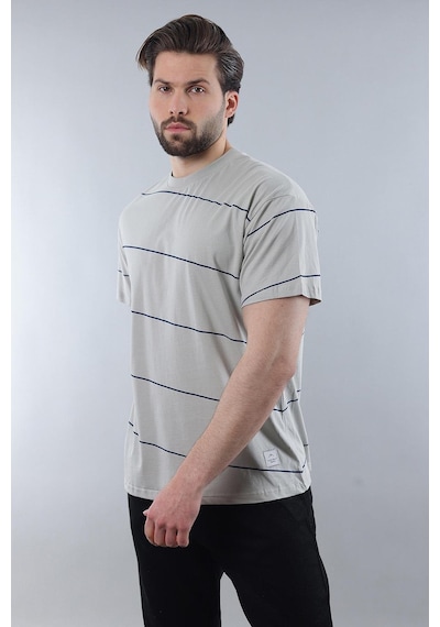 Madmext Boyalı Gri Bisiklet Yaka Basic Çizgili Erkek T-shirt E7102 Boyalı Gri