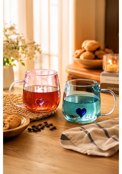 Porsima Pbt-707 Dream Love Hearts - 400ml Romantik Kalp Tasarımlı 2'li Renkli Borosilikat Cam Kupa Seti Şeffaf