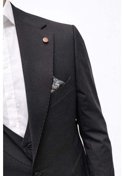 Erkek Klasik Slim Fit Takım Elbise Notch Yaka, Yaka Punto Dikişli, Tek Düğmeli, Çift Yırtmaçlı Siyah